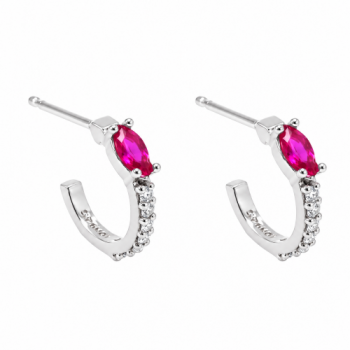 Brinco meia argola pequena fina zirconia cristal e navete vermelho. 11mm, prata. 351442