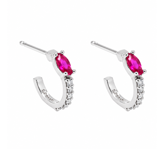 Brinco meia argola pequena fina zirconia cristal e navete vermelho. 11mm, prata. 351442
