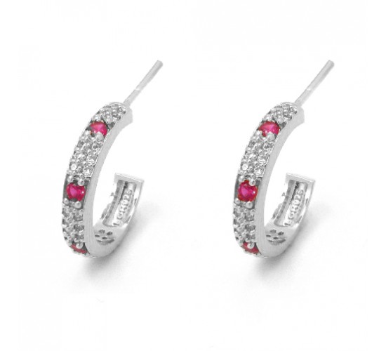 Brinco meia argola zirconia cristal com 4 zirconias vermelha, 17mm, Prata. 351543