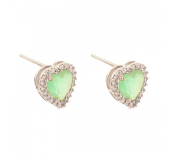 Brinco coracao pedra maior verde paraiba com zirconia cristal em volta, 9.5x9.5mm, Prata. 351549