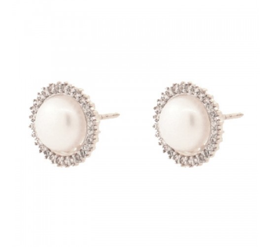 Brinco perola com zirconia cristal em volta, Prata.  351550
