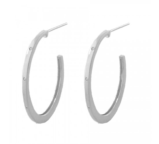 Brinco meia argola oval grande lisa com 3 zirconias cristal. 31.5mm, prata. 351564