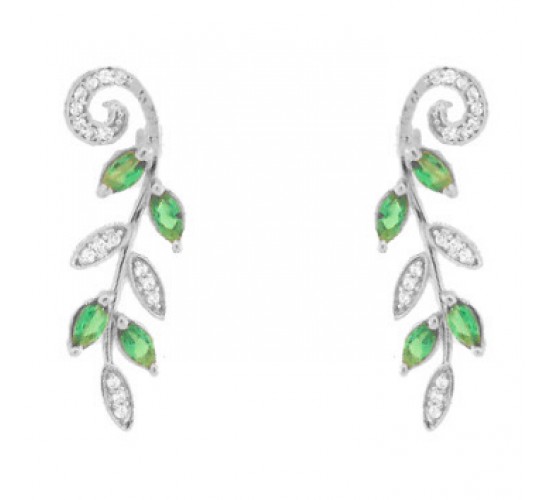 Brinco folhas navete verde e zirconia cristal. 25.5x9.5mm, prata. 351587