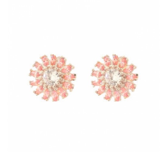 Brinco flor com petalas navete rosa claro e miolo zirconia cristal, 11.5mm, Prata. 351593