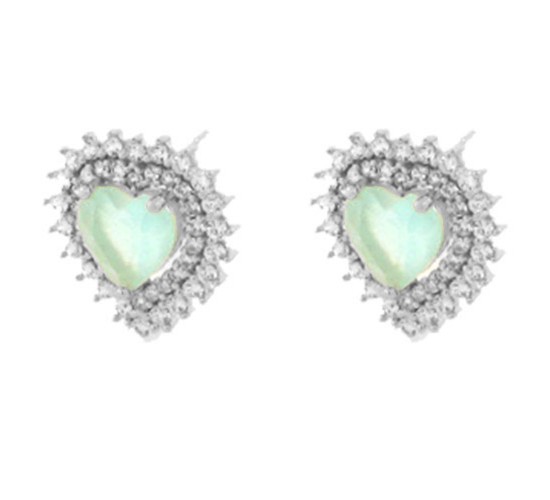 Brinco coracao pedra maior azul leitoso com zirconia cristal em volta, 13x12mm, Prata. 351594