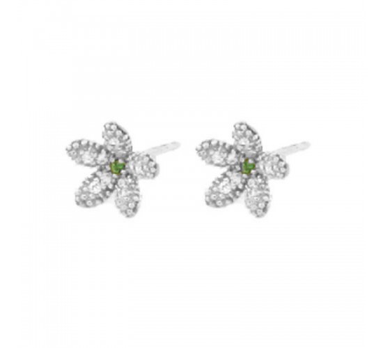 Brinco flor pequena miolo zirconia verde, petalas zirconia cristal. 7mm, prata. 351603