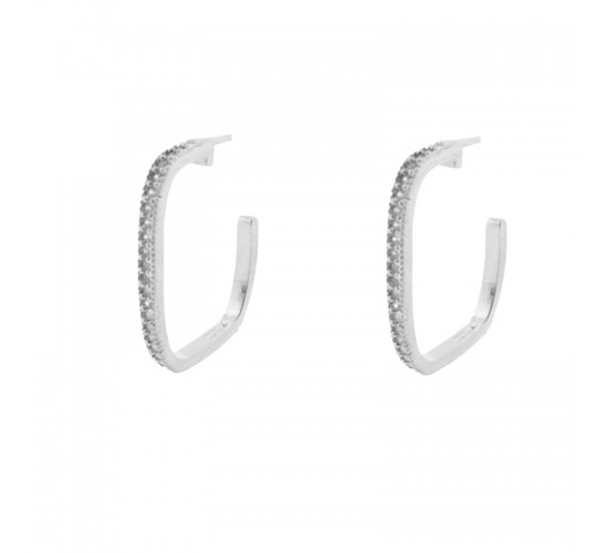 Brinco meia argola retangular grande fina zirconia cristal. 22mm, prata. 351626