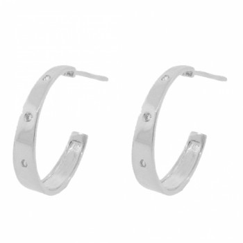 Brinco meia argola media larga lisa com 3 zirconias cristal. 20.5mm, prata. 351630
