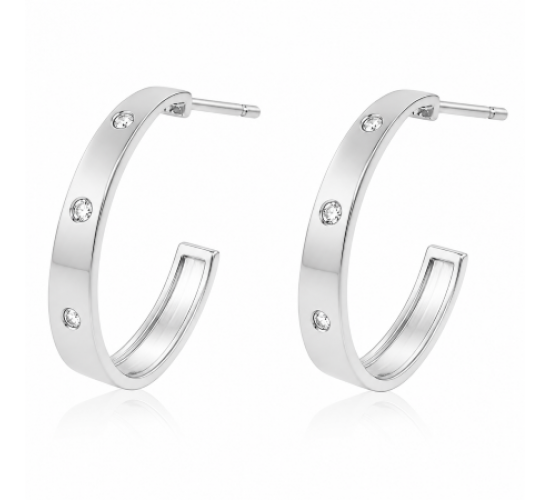 Brinco meia argola media larga lisa com 3 zirconias cristal. 20.5mm, prata. 351630