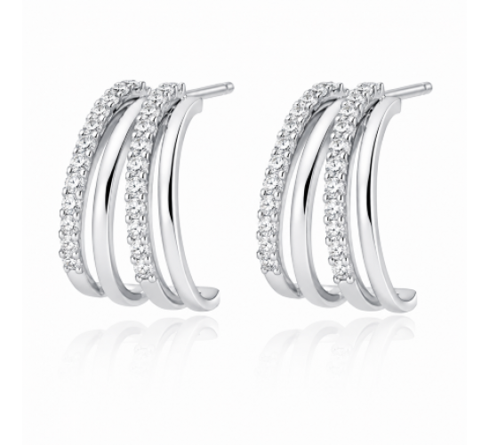Brinco meia argola media intercalado filete liso e zirconia cristal. 12x9mm, prata. 351659