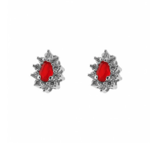 Brinco gota pequena zirconia vermelho rubi no centro e cristal em volta. 9.5x7mm, prata. 351661
