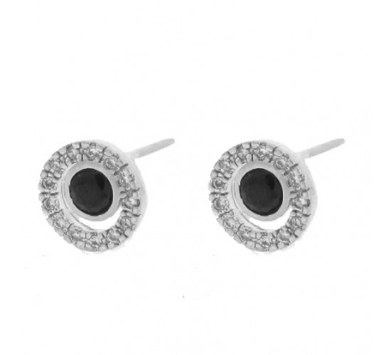 Brinco circulo vazado zirconia cristal com zirconia maior negra no centro. 8mm, prata. 351667