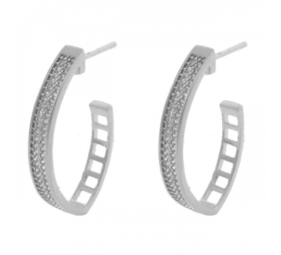 Brinco meia argola media oval zirconia cristal na frente vazada atras. 27.5mm, prata. 351717
