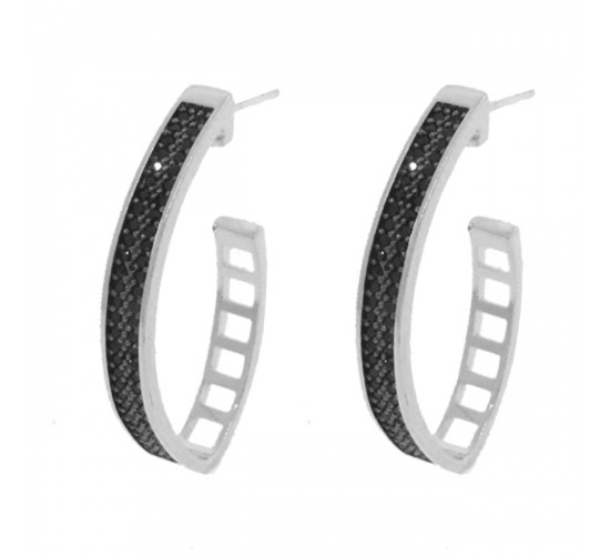 Brinco meia argola media oval zirconia negra na frente vazada atras. 27.5mm, prata. 351718
