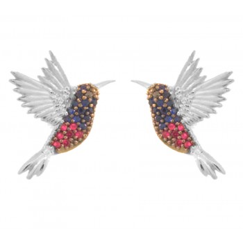 Brinco beija flor pequeno zirconia azul e vermelha, 17x13.5mm, Prata. 351729
