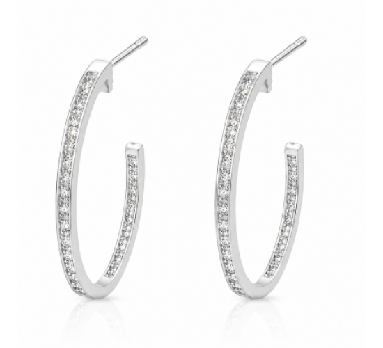 Brinco meia argola media oval zirconia cristal. 27mm, prata. 351732 