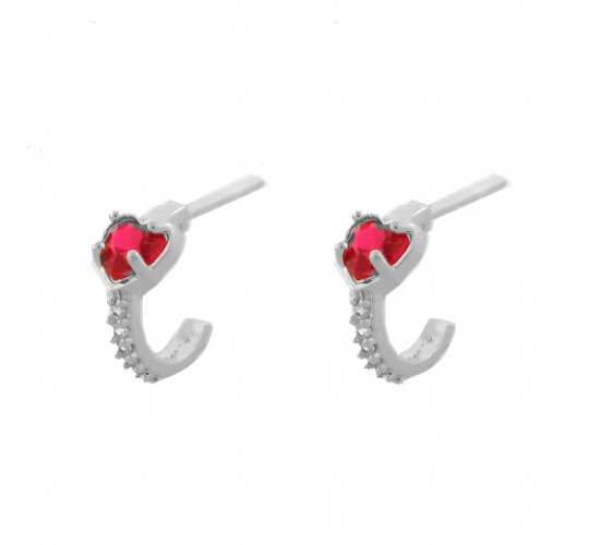 Brinco meia argola pequena zirconia branca com coracao zirconia vermelho rubi. 10x5mm, prata. 3517399