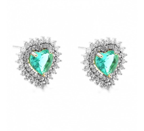 Brinco coracao pedra maior verde paraiba com zirconia cristal em volta, 13x12mm, Prata. 351955