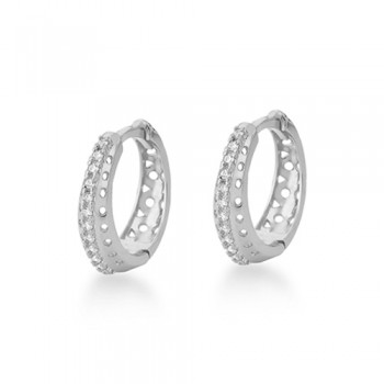 Brinco argola media vazada na frente e atras com filete zirconia cristal no meio. 15mm, prata. 3520380
