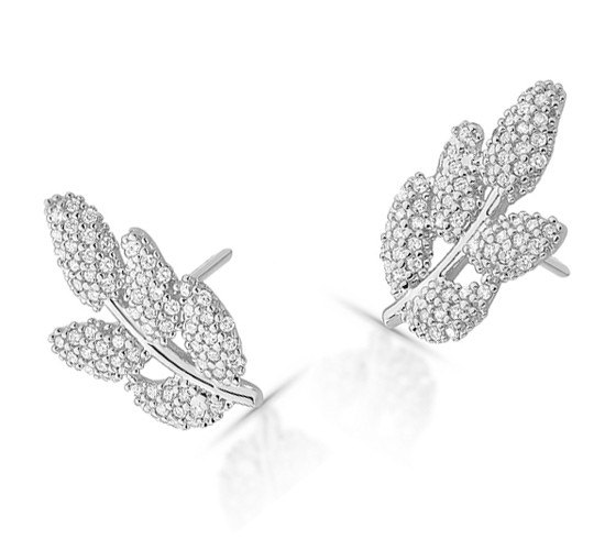 Brinco galho folhas zirconia branca, Prata. 3520540