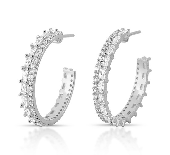 Brinco meia argola 25mm, toda com baguete e zirconia cristal, prata. 3520560