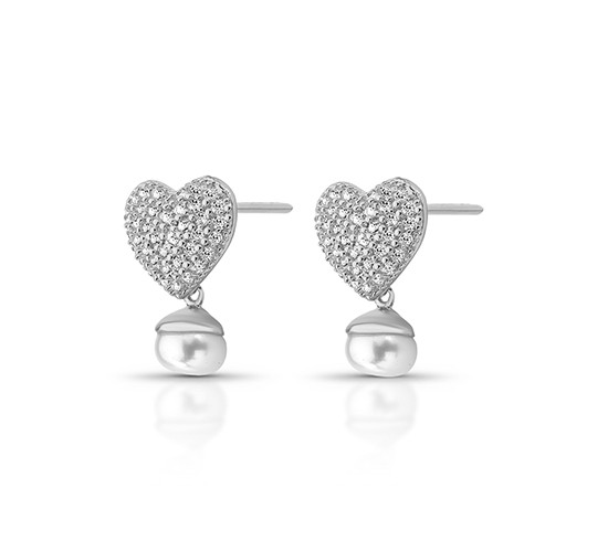 Brinco coracao com zirconia e perola, Prata. 3520570