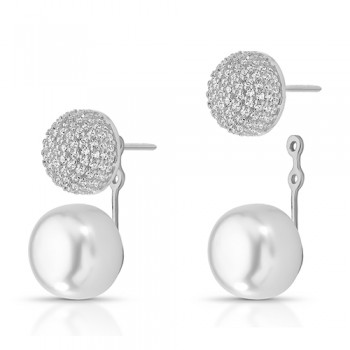 Brinco de encaixe esfera zirconia cristal e perola, Prata. 3520580