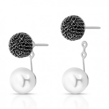 Brinco encaixe esfera zirconia negra, e perola. 10mm. 3520585