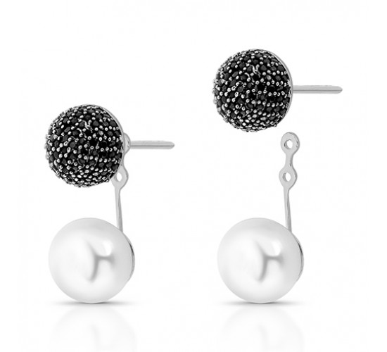 Brinco encaixe esfera zirconia negra, e perola. 10mm. 3520585