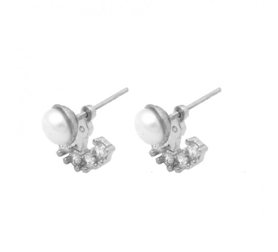 Brinco encaixe perola 4mm e zirconia cristal, Prata. 353003
