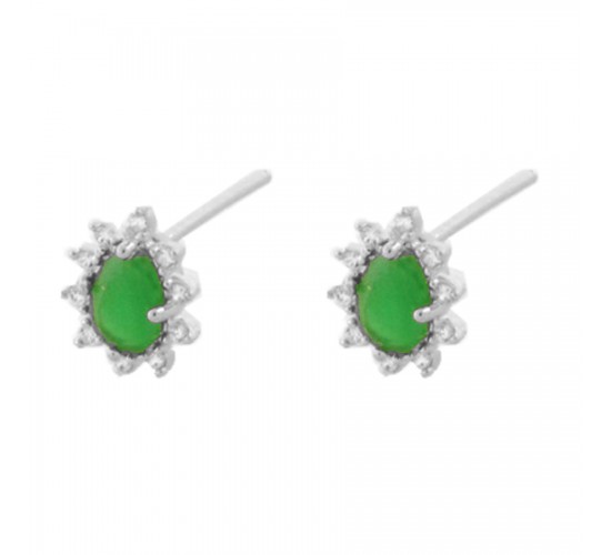Brinco gota verde esmeralda e zirconia cristal em volta, 10x8mm, Prata. 3530058