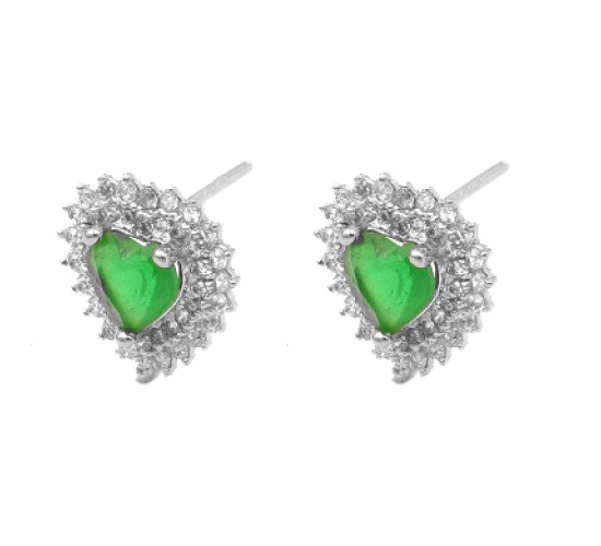 Brinco coracao verde esmeralda todo cravejado com zirconia branca, 13x12mm, Prata. 3530068
