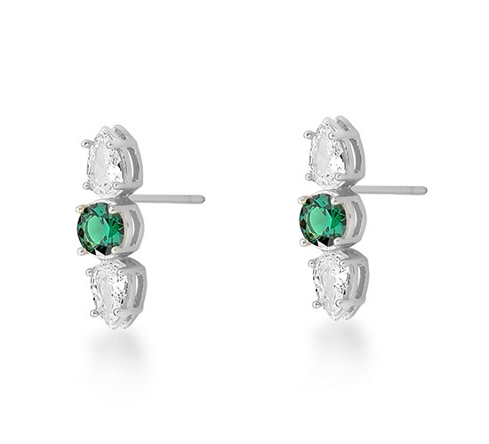 Brinco pedra redonda verde esmeralda no meio, e gota em cima e embaixo, 20mm, Prata. 3530218