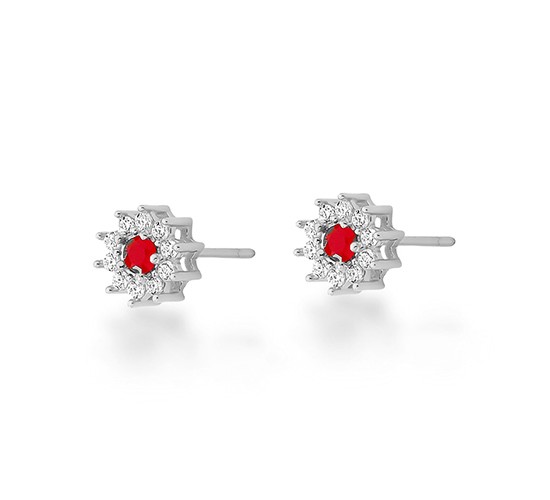 Brinco flor pequena miolo zirconia vermelho rubi e cristal em volta. 8mm, prata. 3530239