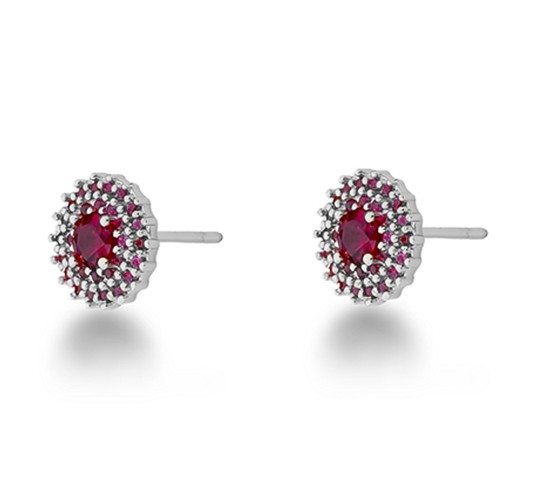 Brinco chuveiro redondo zirconia vermelho rubi em volta e zirconia maior dentro. 9mm, prata. 3535359