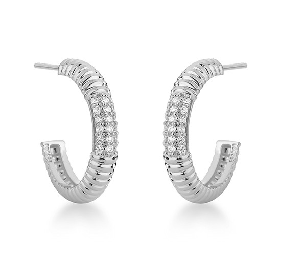 Brinco meia argola riscado, centro com zirconia cristal, 17mm, Prata. 3535360