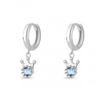 Brinco argola pequena com coroa azul claro pendurada, prata. 3535391