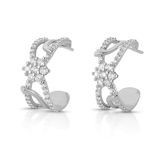 Brinco meia argola 20mm aro vazado lisoe zirconia cristal, flor cristal no meio, Prata. 3535470