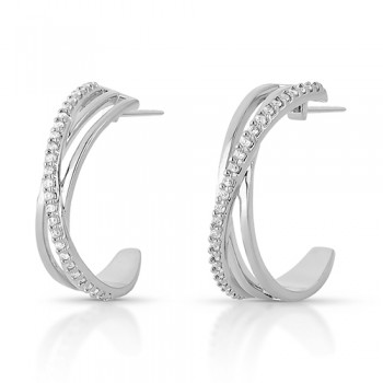 Brinco meia argola 20mm, sobreposta aros lisos e um aro com zirconia cristal, Prata. 3535490