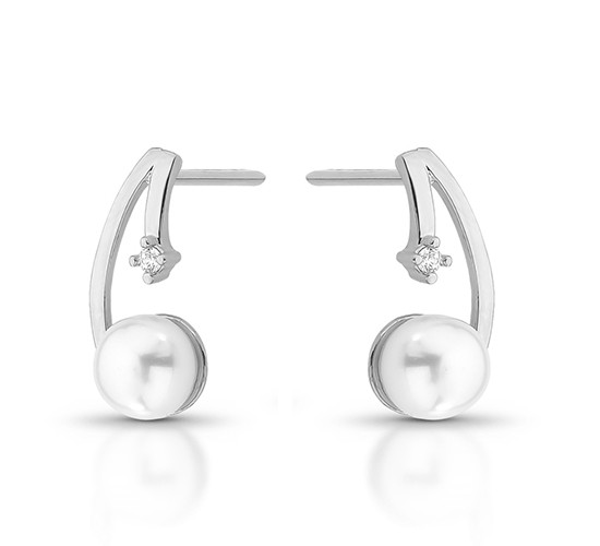 Brinco haste lisa, perola e zirconia cristal nas pontas, Prata. 3535510