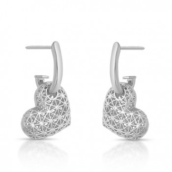 Brinco coração diamantado todo vazado 18x12mm, haste lisa, Prata. 353556
