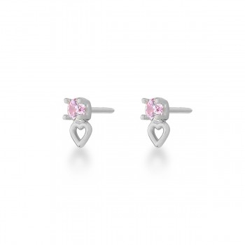 Brinco solitario rosa com coração liso pequeno, prata. 351425
