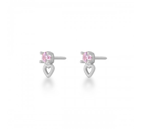 Brinco solitario rosa com coração liso pequeno, prata. 351425