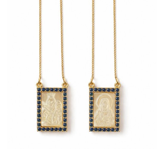 Escapulario retangular nossa senhora do carmo zirconia azul safira em volta, 9X6mm. 1606852