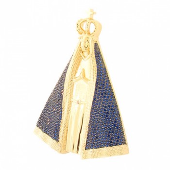 Pingente Nossa Senhora Aparecida grande com manto zirconia azul, 53x40mm. 161026