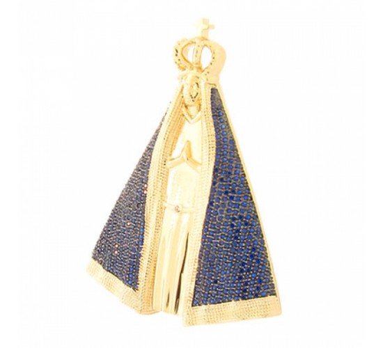 Pingente Nossa Senhora Aparecida grande com manto zirconia azul, 53x40mm. 161026