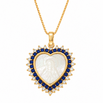 Colar coracao madre perola sagrado coracao de jesus com zirconia azul e cristal em volta, 18x17mm. 161335