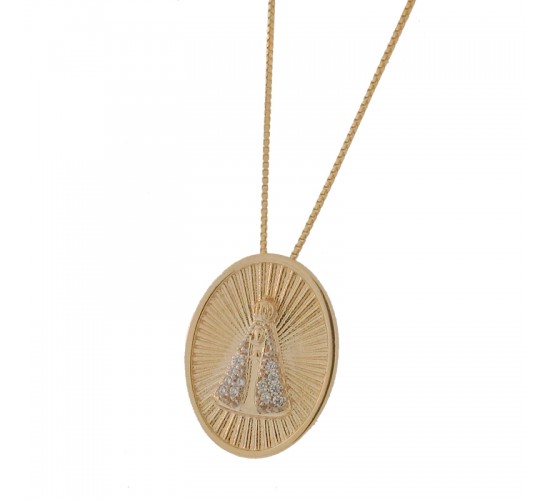 Colar medalha Nossa Senhora Aparecida manto zirconia cristal, oval com detalhes dentro. 161461