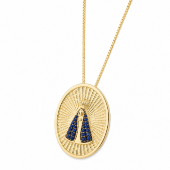 Colar medalha oval Nossa Senhora Aparecida com manto zirconia azul e detalhes, 15x10mm. 161465