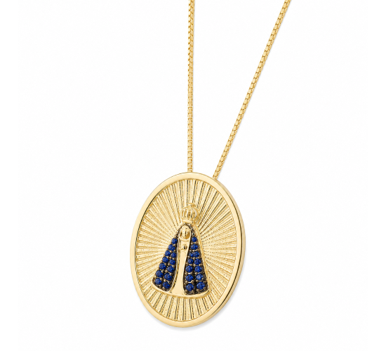 Colar medalha oval Nossa Senhora Aparecida com manto zirconia azul e detalhes, 15x10mm. 161465